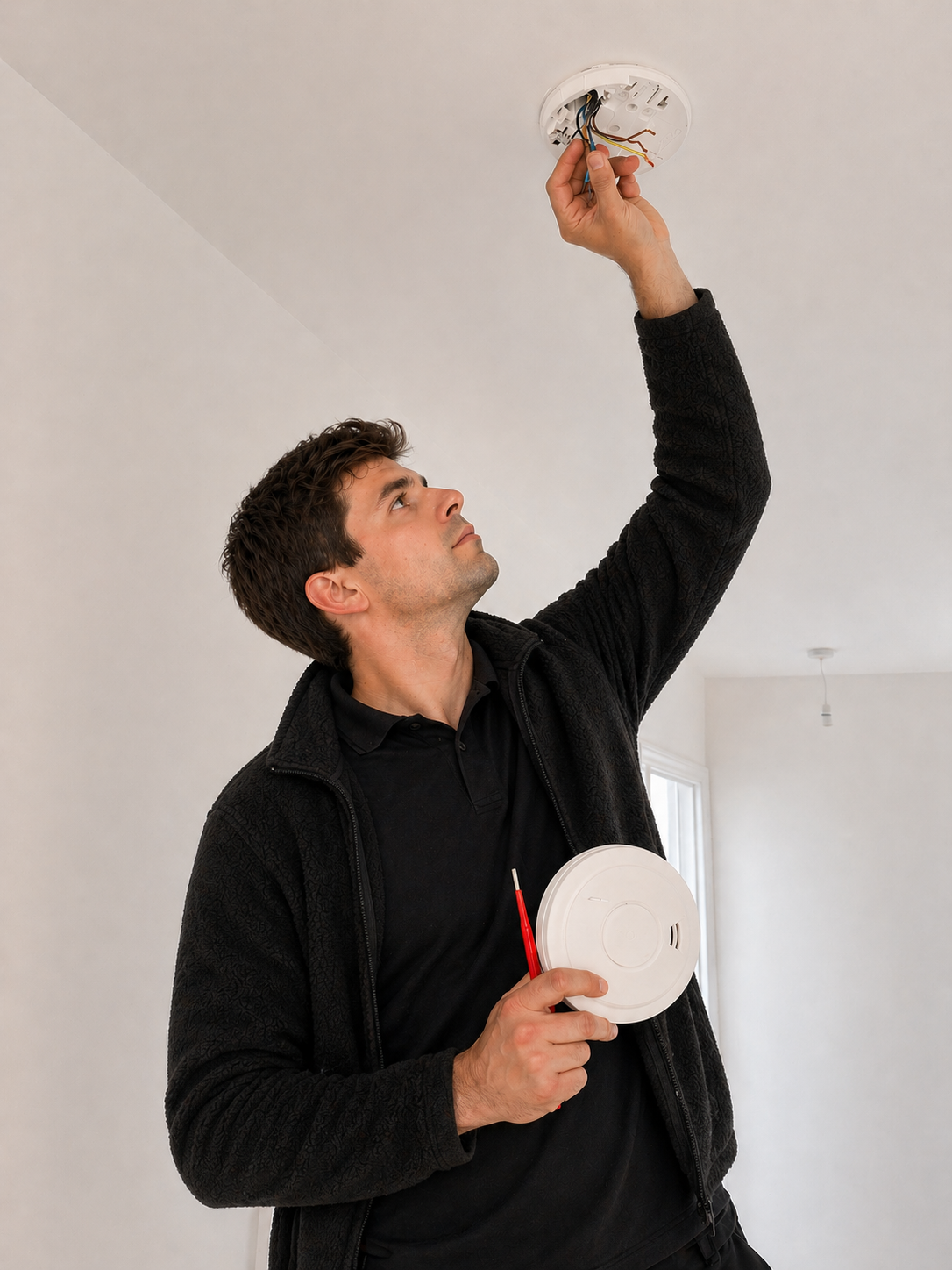 Bright Sparks electrician working on consumer unit at night